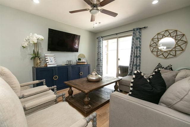 104 Cove E Unit 103, Horseshoe Bay, TX 78657 - living room with recessed lighting, wood finished floors, and ceiling fan