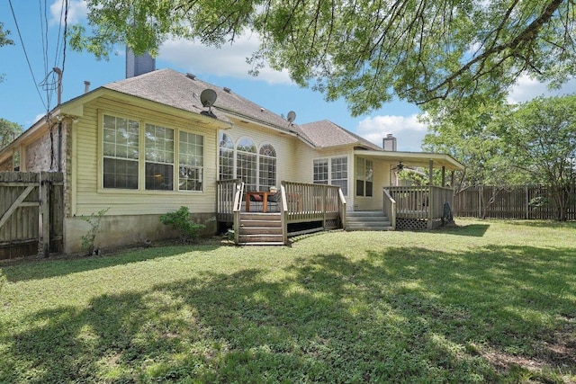 7403 Ponoma Trl, Austin, TX 78749 - back of house with a chimney, ceiling fan, and a wooden deck