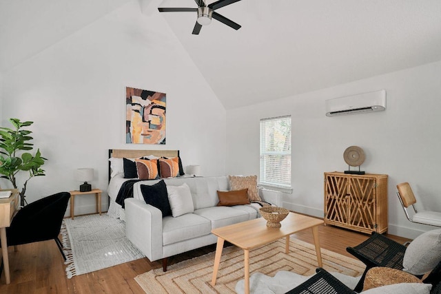 living room with a wall unit AC, high vaulted ceiling, ceiling fan, and wood finished floors