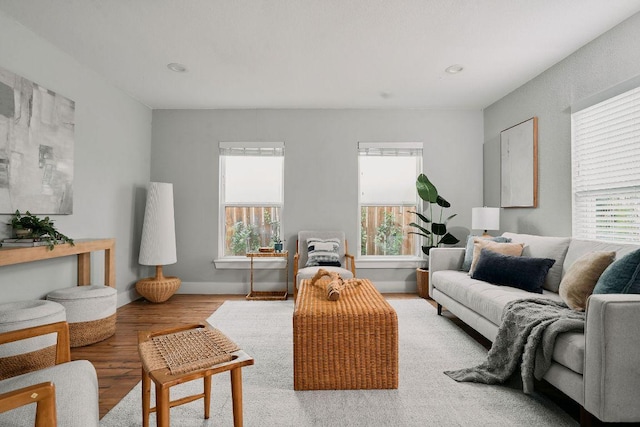 living area featuring wood finished floors, recessed lighting, and baseboards