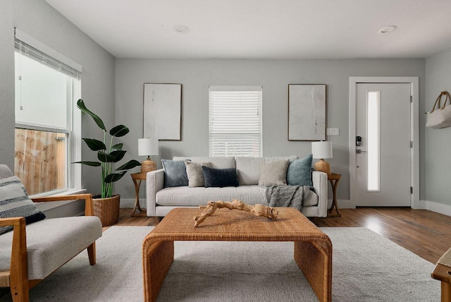 living room with wood finished floors and baseboards