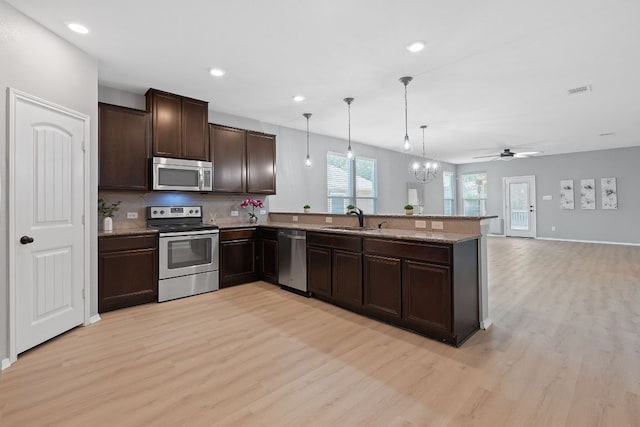 1180 Verna Brooks Way, Kyle, TX 78640 - kitchen featuring appliances with stainless steel finishes, light wood-style flooring, dark brown cabinetry, a sink, and recessed lighting