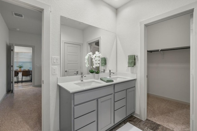 full bathroom featuring double vanity, a walk in closet, and baseboards