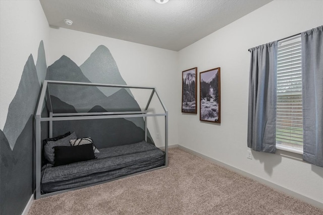carpeted bedroom featuring multiple windows, a textured ceiling, and baseboards