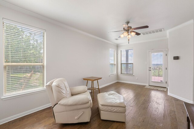 9617 Solana Vista Loop Unit A, Austin, TX 78750 - sitting room featuring ceiling fan, wood finished floors, baseboards, and crown molding
