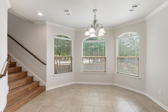 9617 Solana Vista Loop Unit A, Austin, TX 78750 - unfurnished dining area featuring a chandelier, stairs, crown molding, baseboards, and recessed lighting