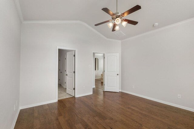 9617 Solana Vista Loop Unit A, Austin, TX 78750 - unfurnished bedroom featuring wood finished floors, ornamental molding, vaulted ceiling, baseboards, and ceiling fan
