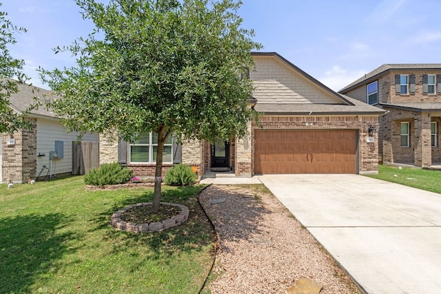 view of front of property featuring an attached garage, a front lawn, concrete driveway, and brick siding