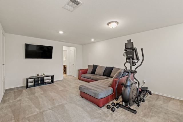 living area with carpet, recessed lighting, and baseboards