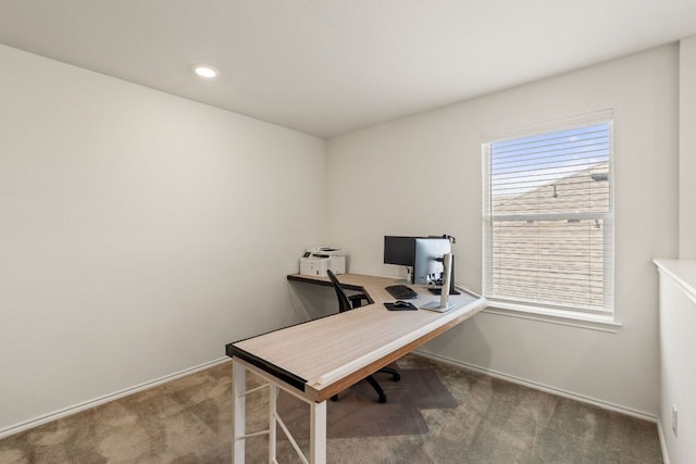office featuring carpet floors, baseboards, and recessed lighting