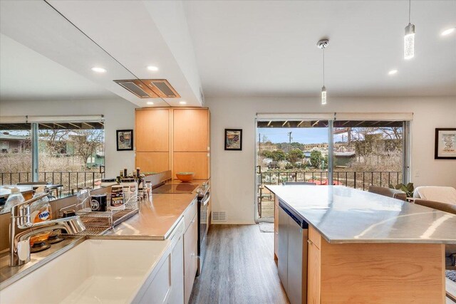 1304 Mariposa Dr Unit 215, Austin, TX 78704 - kitchen with stainless steel countertops, a sink, stainless steel electric stove, light wood-style floors, and recessed lighting