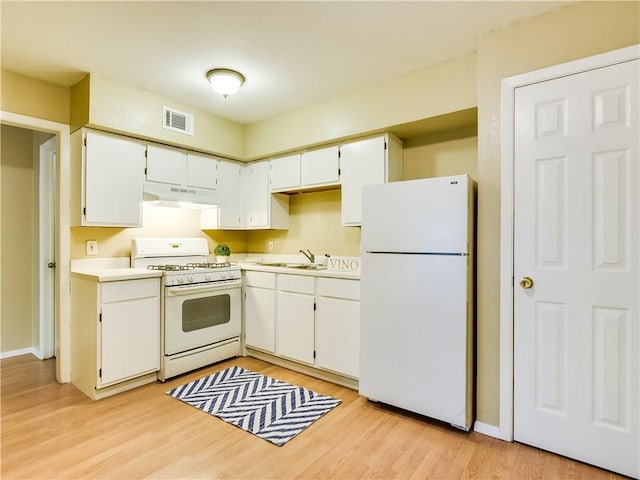 2201 Mission Hill Cir, Austin, TX 78741 - kitchen with white appliances, under cabinet range hood, a sink, light countertops, and light wood-style floors