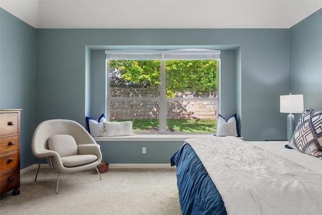 carpeted bedroom featuring multiple windows and baseboards