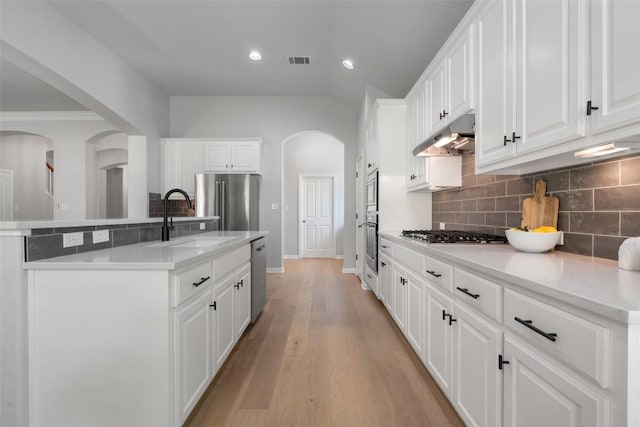 kitchen with a sink, appliances with stainless steel finishes, under cabinet range hood, tasteful backsplash, and arched walkways