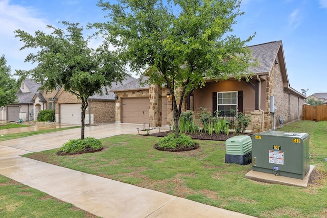 obstructed view of property featuring concrete driveway, an attached garage, a shingled roof, and stucco siding