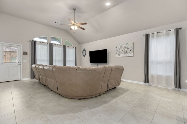1012 Swan Flower St, Leander, TX 78641 - living room featuring lofted ceiling, ceiling fan, and light tile patterned flooring