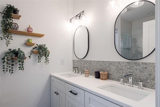 7812 Mullen Dr Unit 2, Austin, TX 78757 - bathroom with double vanity, decorative backsplash, and a shower