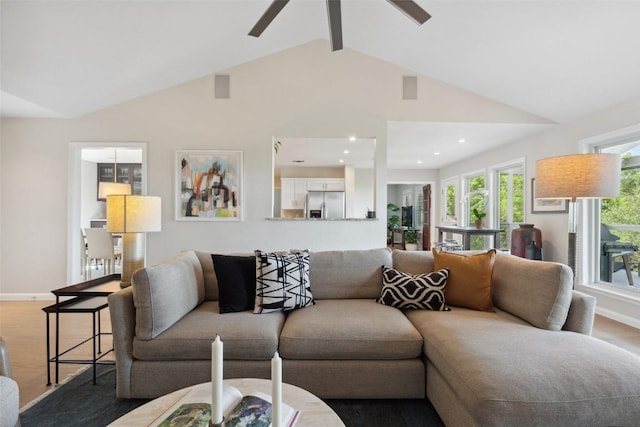 8900 Rockcrest Dr, Austin, TX 78759 - living area with ceiling fan, beamed ceiling, baseboards, wood finished floors, and recessed lighting