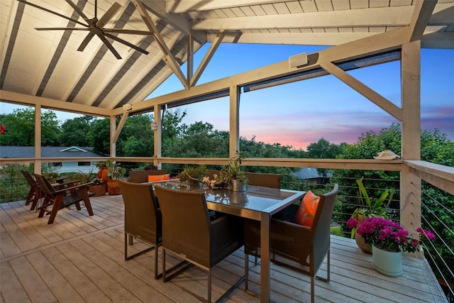 8900 Rockcrest Dr, Austin, TX 78759 - deck at dusk featuring outdoor dining area and ceiling fan