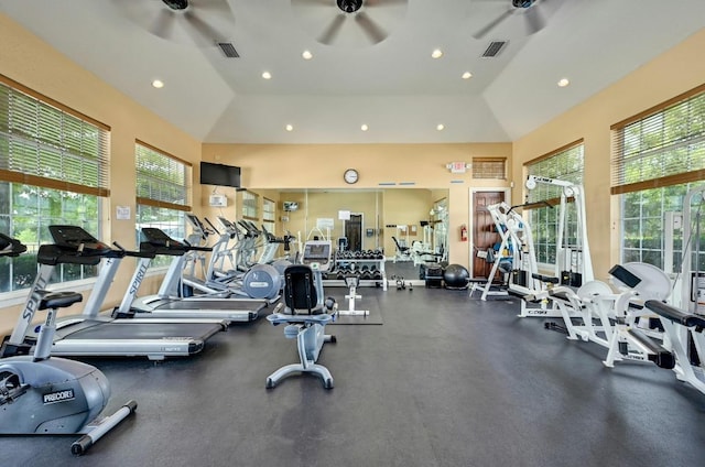 gym featuring ceiling fan and recessed lighting
