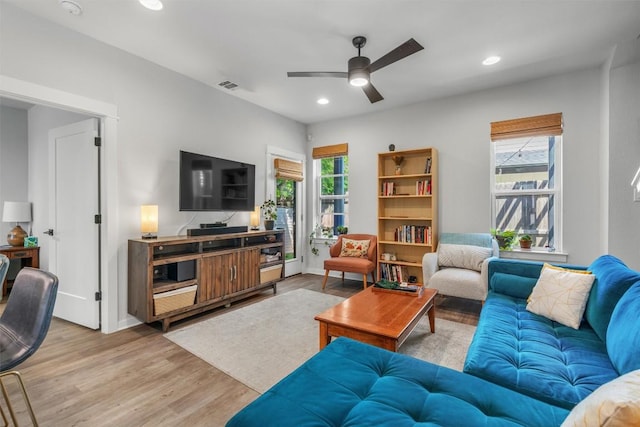 5308 Evans Ave Unit 2, Austin, TX 78751 - living area featuring wood finished floors, ceiling fan, recessed lighting, and baseboards