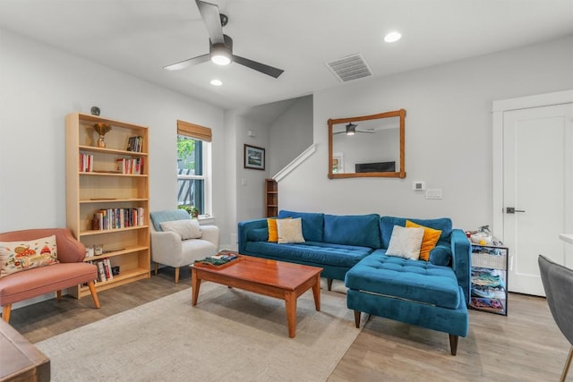 5308 Evans Ave Unit 2, Austin, TX 78751 - living area featuring ceiling fan, light wood-style floors, and recessed lighting