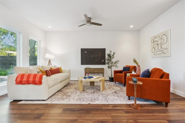 906 Linden St Unit A, Austin, TX 78702 - living area with a ceiling fan, recessed lighting, wood finished floors, and baseboards