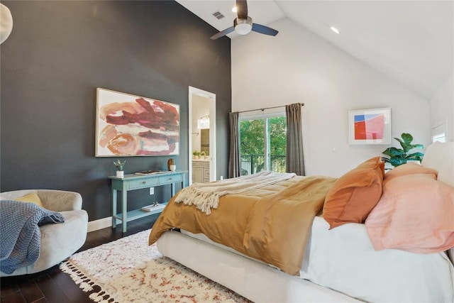 906 Linden St Unit A, Austin, TX 78702 - bedroom with wood finished floors, high vaulted ceiling, baseboards, ceiling fan, and connected bathroom
