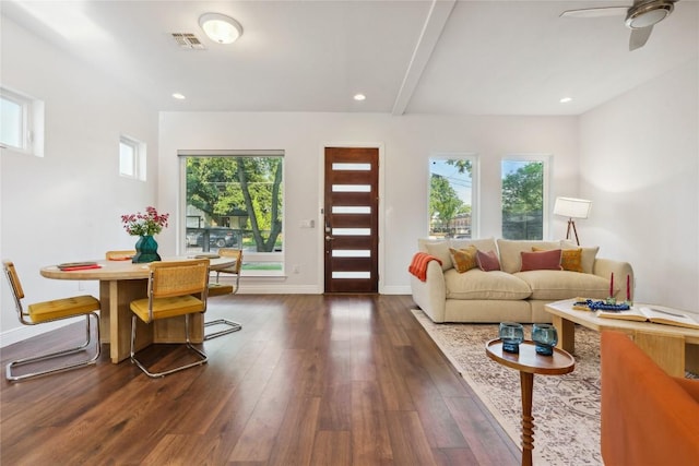 living room featuring dark wood finished floors, plenty of natural light, ceiling fan, baseboards, and recessed lighting