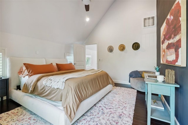 906 Linden St Unit A, Austin, TX 78702 - bedroom with wood finished floors, a ceiling fan, baseboards, and high vaulted ceiling