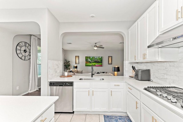 1116 Brenham Ln, Leander, TX 78641 - kitchen with appliances with stainless steel finishes, a sink, under cabinet range hood, arched walkways, and ceiling fan