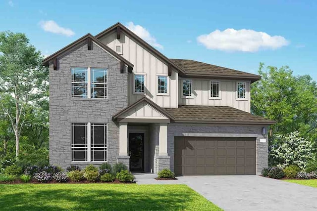 view of front of home featuring board and batten siding, stone siding, and a garage