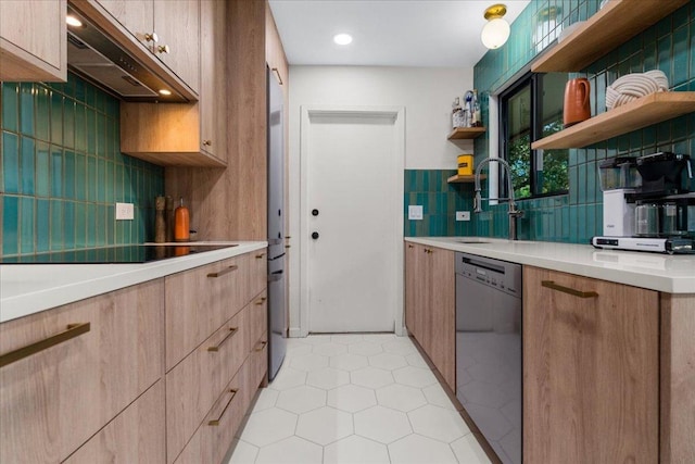 6905 Whispering Oaks Dr, Austin, TX 78745 - kitchen with stainless steel dishwasher, open shelves, under cabinet range hood, a sink, and black electric stovetop