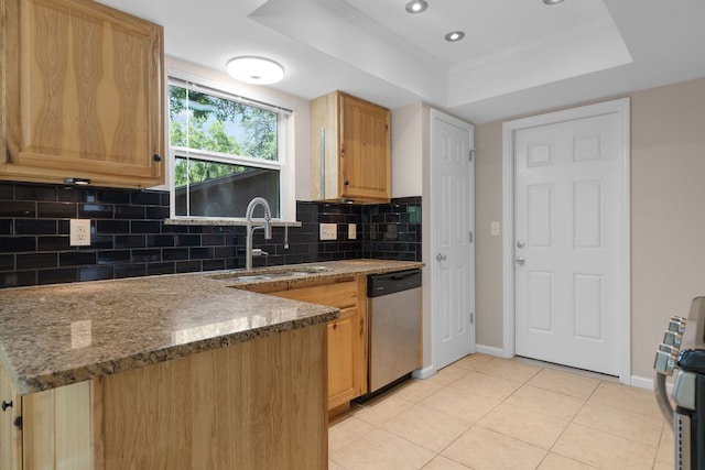 7805 Manassas Dr, Austin, TX 78745 - kitchen featuring dishwasher, tasteful backsplash, range, a tray ceiling, and recessed lighting