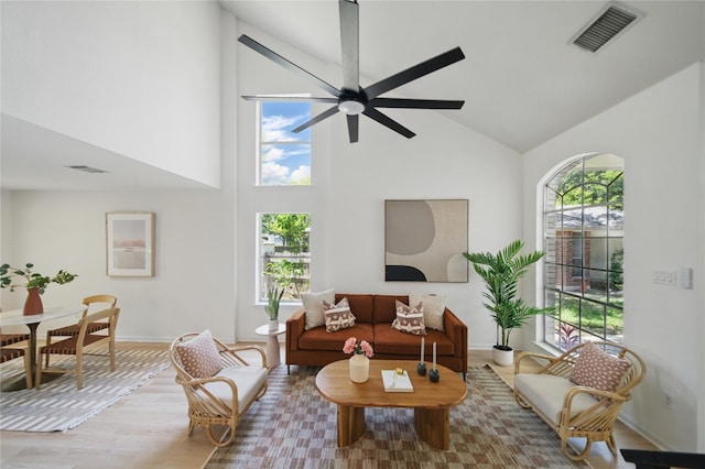 605 Swanson Cv, Austin, TX 78748 - living area with high vaulted ceiling, wood finished floors, and ceiling fan