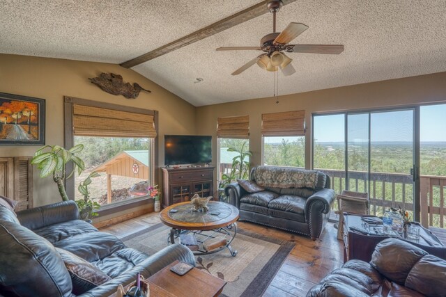 104 Derringer, Horseshoe Bay, TX 78657 - living room with wood-type flooring, a textured ceiling, healthy amount of natural light, and a ceiling fan