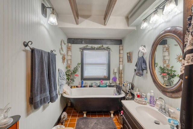 104 Derringer, Horseshoe Bay, TX 78657 - bathroom with tile patterned flooring, beam ceiling, a soaking tub, and vanity