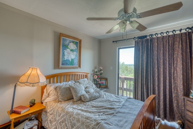 104 Derringer, Horseshoe Bay, TX 78657 - bedroom featuring crown molding, access to exterior, ceiling fan, and a textured ceiling
