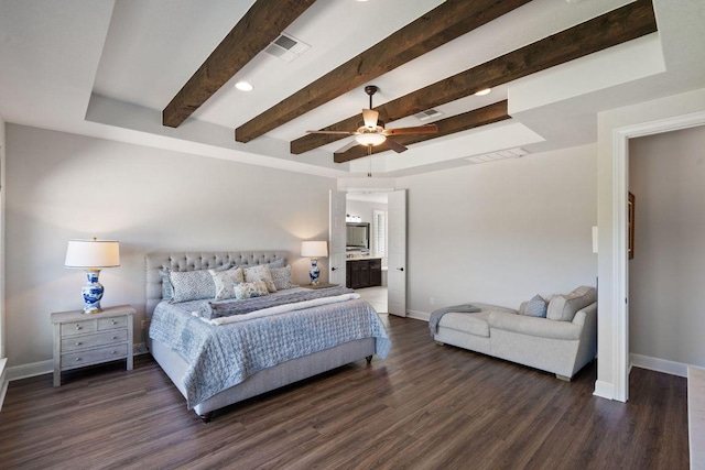 bedroom featuring baseboards, wood finished floors, beamed ceiling, recessed lighting, and ensuite bath