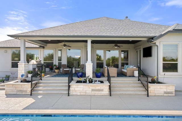 3720 Deep Pocket Dr, Leander, TX 78641 - rear view of house featuring ceiling fan, an outdoor living space, a shingled roof, and a patio area