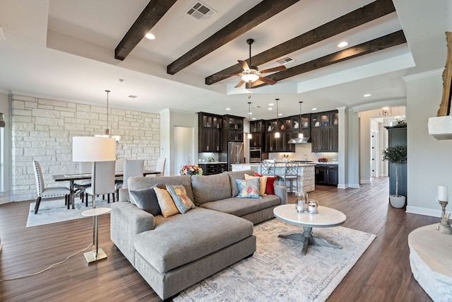 3720 Deep Pocket Dr, Leander, TX 78641 - living area with ceiling fan, beamed ceiling, dark wood-style floors, recessed lighting, and baseboards