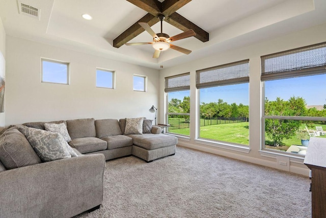 living room featuring a ceiling fan, recessed lighting, carpet floors, beam ceiling, and a raised ceiling