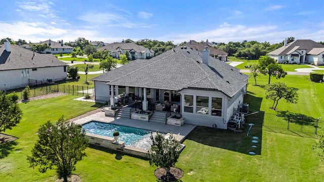 3720 Deep Pocket Dr, Leander, TX 78641 - back of house with a residential view, roof with shingles, a patio area, stucco siding, and an outdoor hangout area