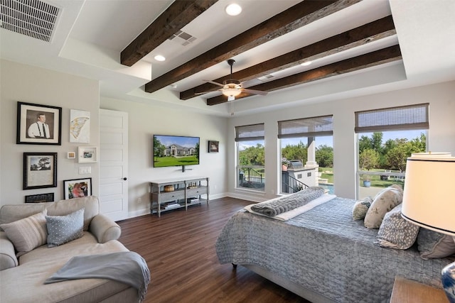 bedroom featuring beam ceiling, dark wood finished floors, recessed lighting, baseboards, and access to outside