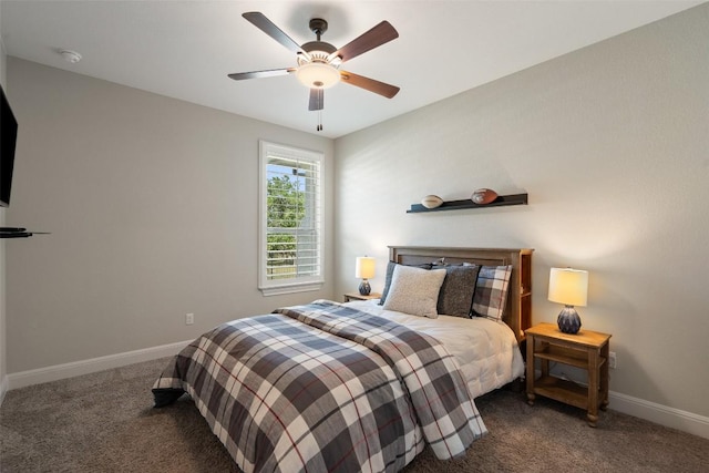 bedroom featuring carpet, baseboards, and a ceiling fan