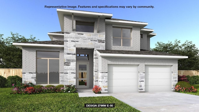 modern home with driveway, a garage, brick siding, and stone siding