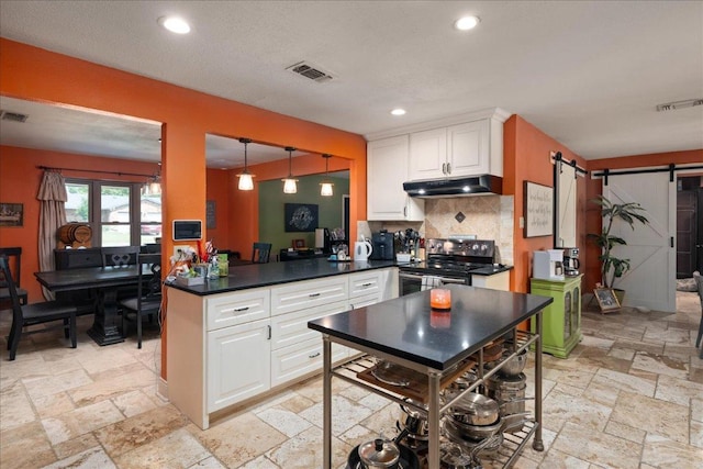 1619 Twin Island Dr, Lockhart, TX 78644 - kitchen featuring range, under cabinet range hood, stone tile floors, tasteful backsplash, and dark countertops