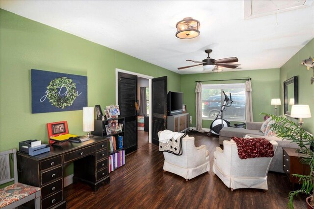 1619 Twin Island Dr, Lockhart, TX 78644 - living room with attic access, wood finished floors, and a ceiling fan