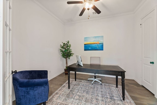 office with wood finished floors, ornamental molding, ceiling fan, and baseboards