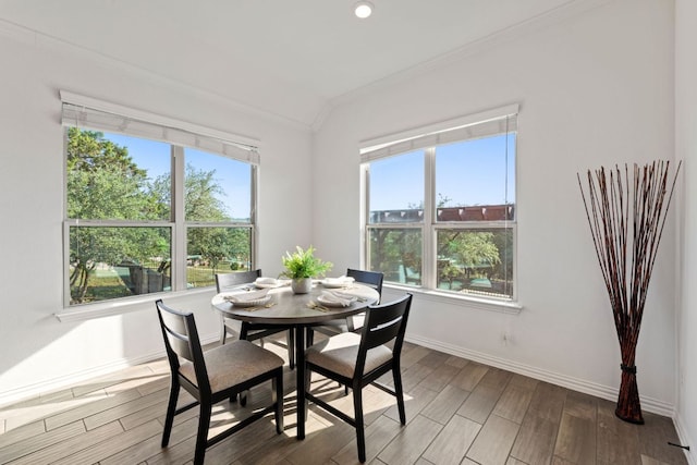 dining space with ornamental molding, plenty of natural light, baseboards, wood finished floors, and recessed lighting